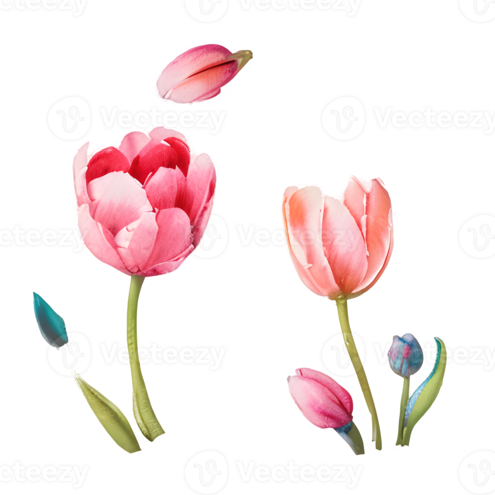 Watercolor vintage tulips with floral design png