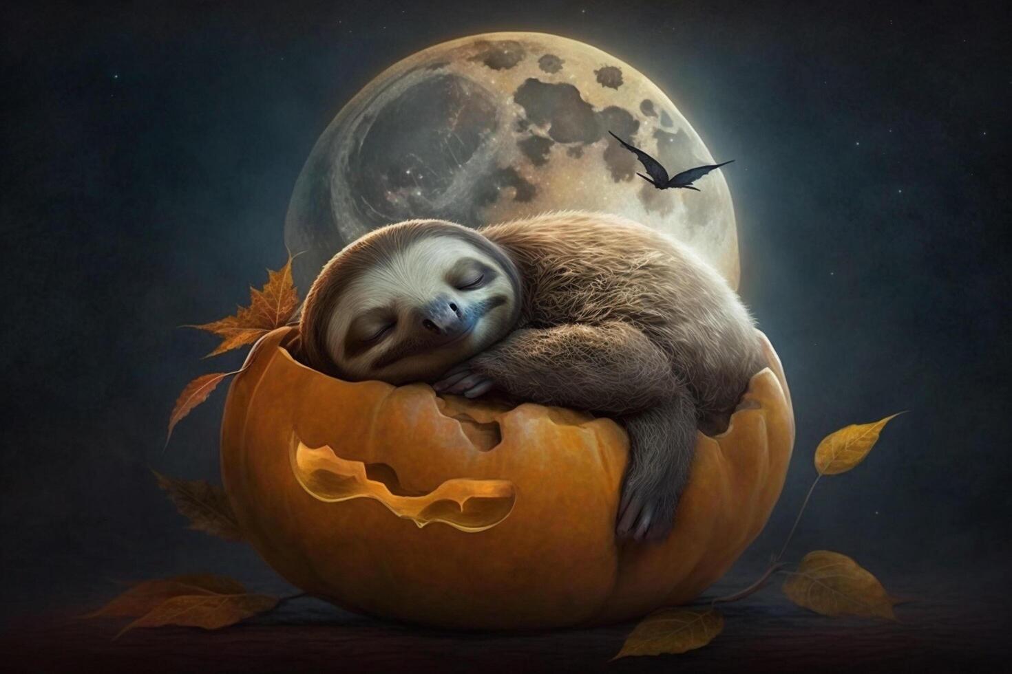 Exhausted tired sloth has fallen asleep on a Halloween pumpkin photo