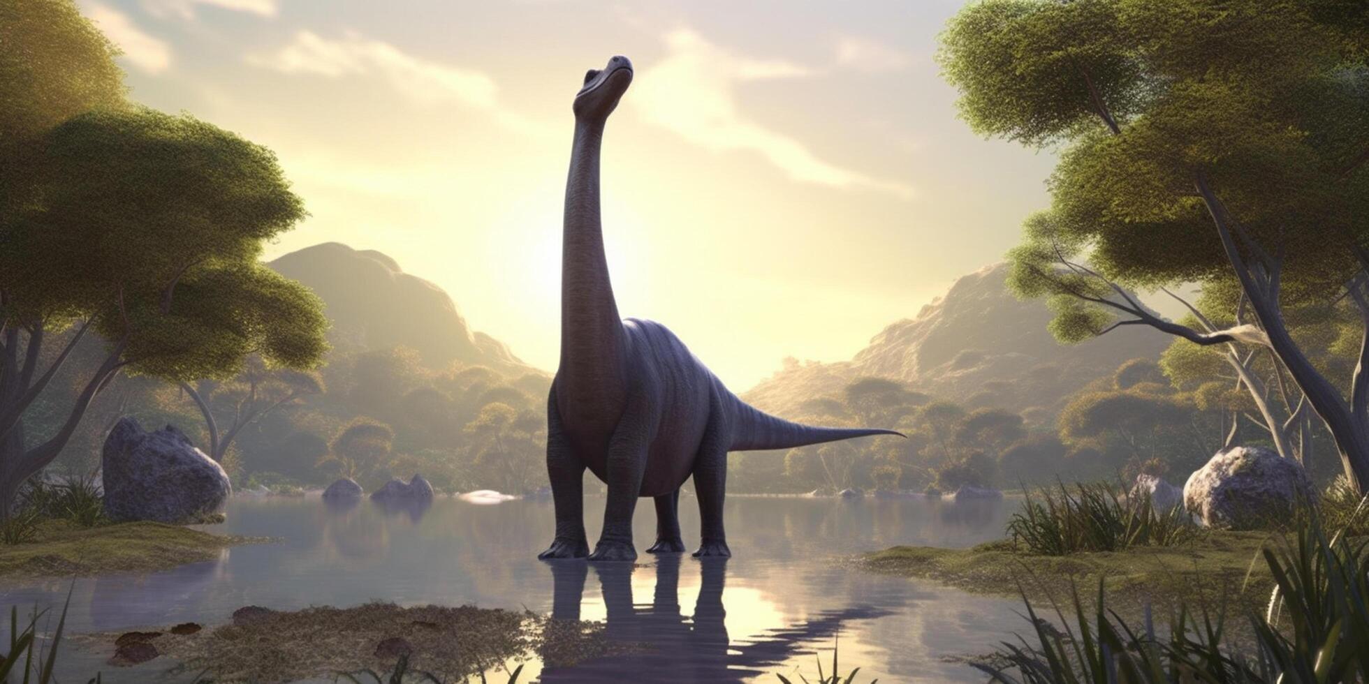 Majestic Giants of the Prehistoric World A Realistic Illustration Showcasing the Brachiosaurus in an Enchanting Prehistoric Landscape photo