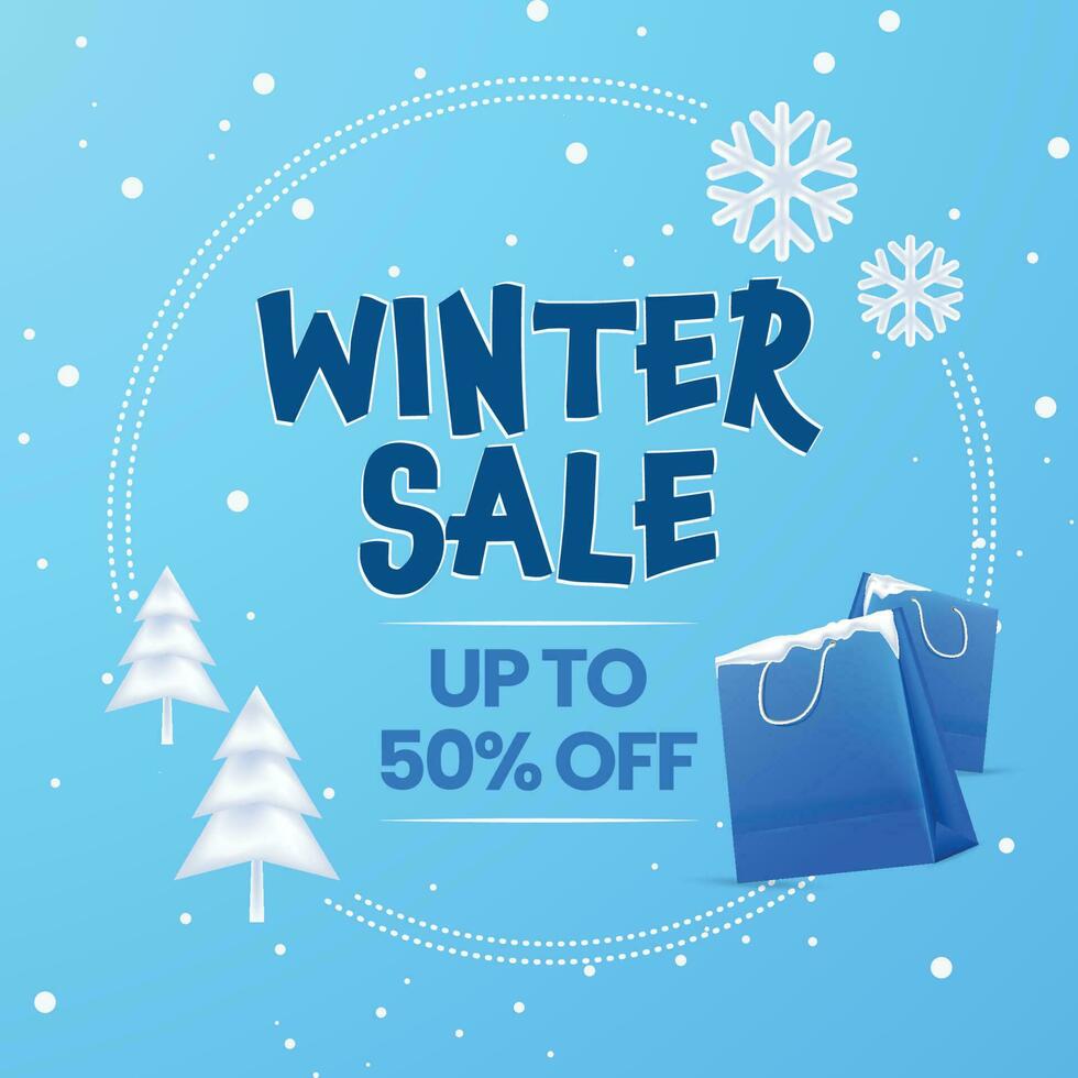 Vector illustration of Winter sale with shopping bags, snow flakes and tree