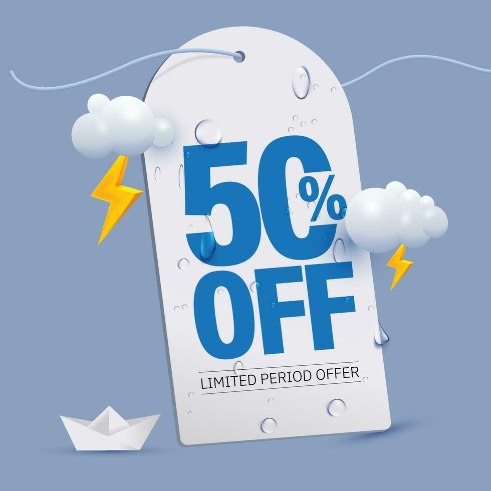 monsoon offer tag 50 percent off written on price tag surrounded with monsoon elements vector