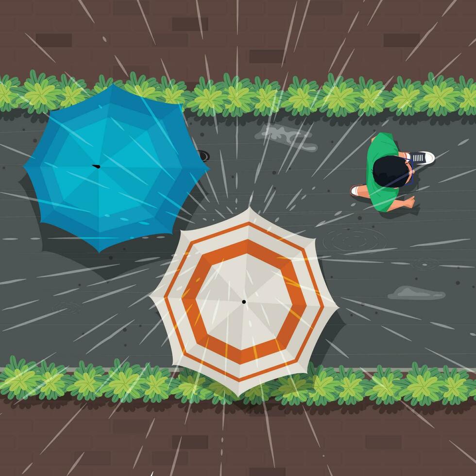 Birds eye view of people walking with umbrellas during monsoon. Anime theme illustration. Walking in an alleyway. vector