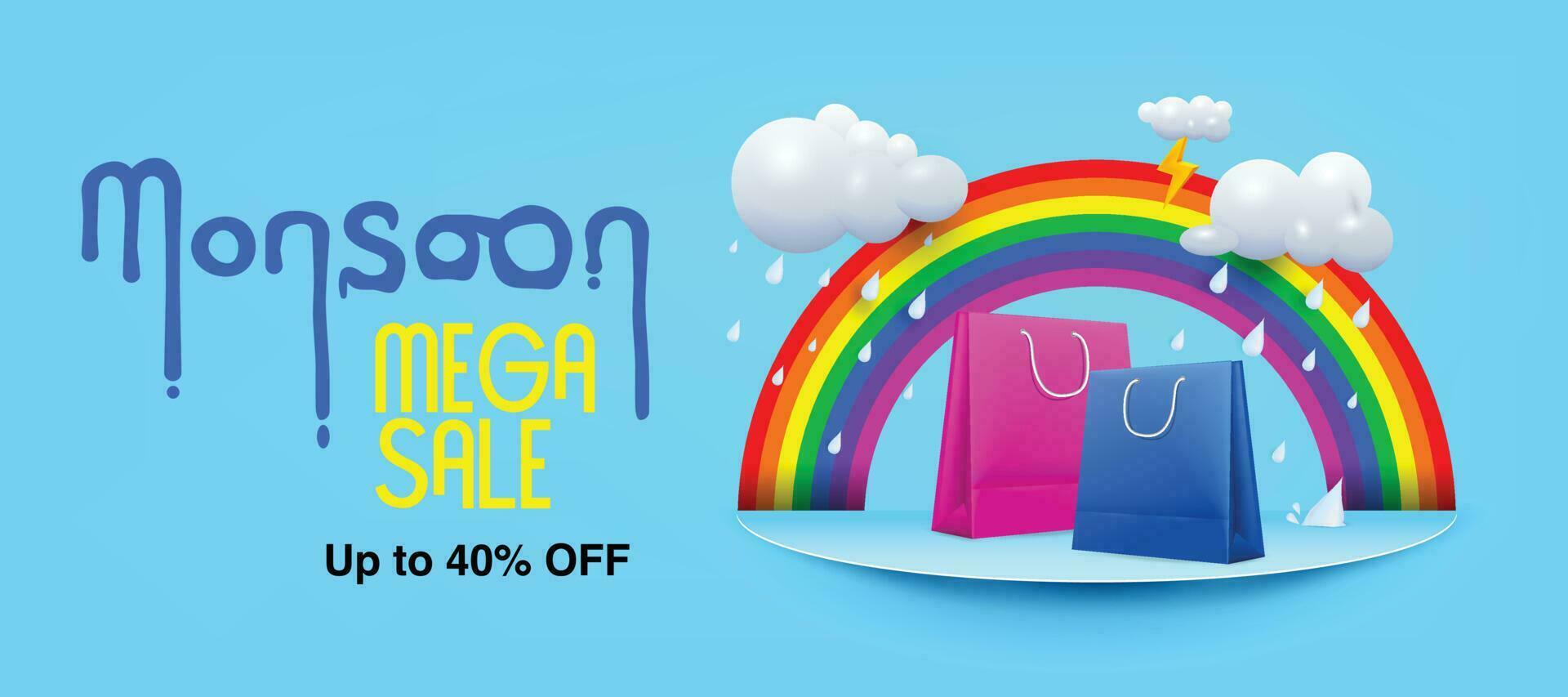 monsoon mega sale offer banner template. shopping bags on podium with rain and monsoon clouds vector