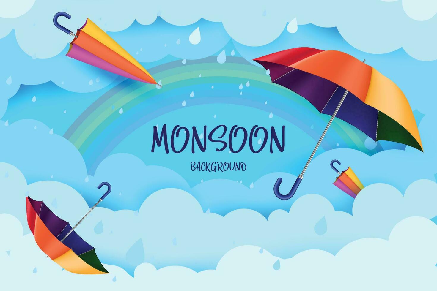 Happy monsoon season background. rainbow, umbrella clouds