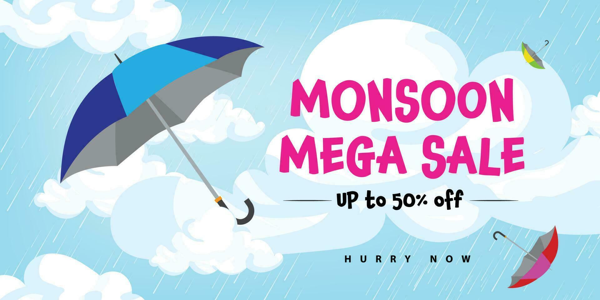 monsoon mega sale banner template with umberallas flying in rainy monsoon background vector