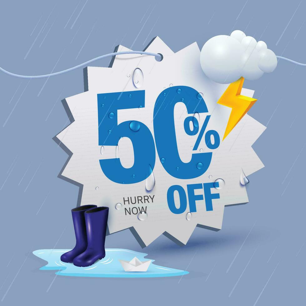 monsoon offer tag 50 percent off written on price tag surrounded with monsoon elements vector