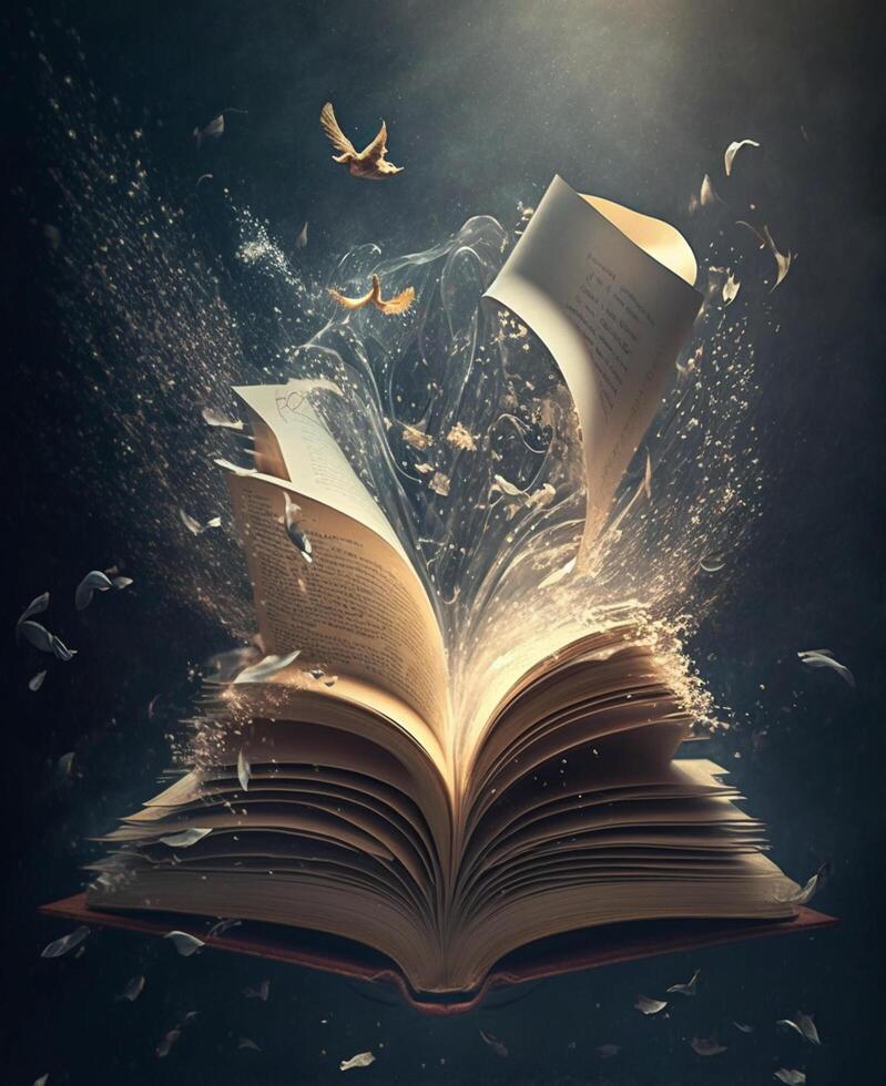 Illustration of a mystical magical book with flying leaves and letters content photo