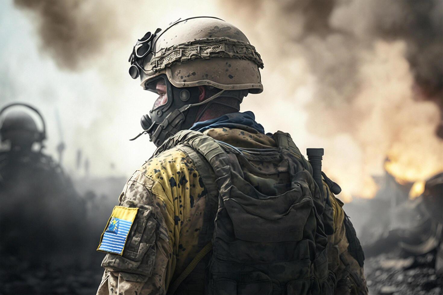 Ucrania soldado en uniforme desde detrás en zona de guerra ai generado foto