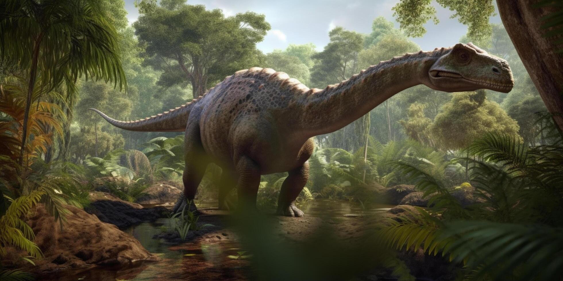 Majestic Encounter Realistic Illustration of an Iguanodon Roaming the Pristine Prehistoric Landscape photo