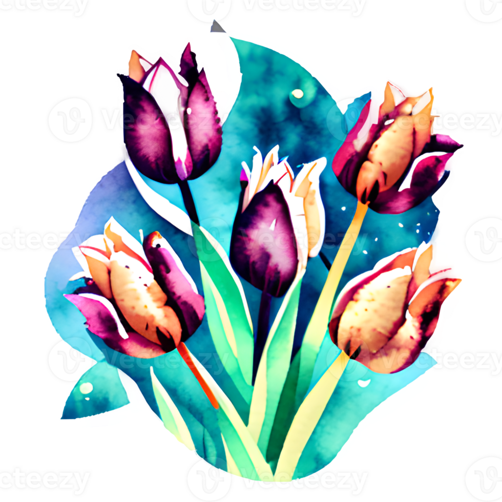 Watercolor vintage tulips with floral design png