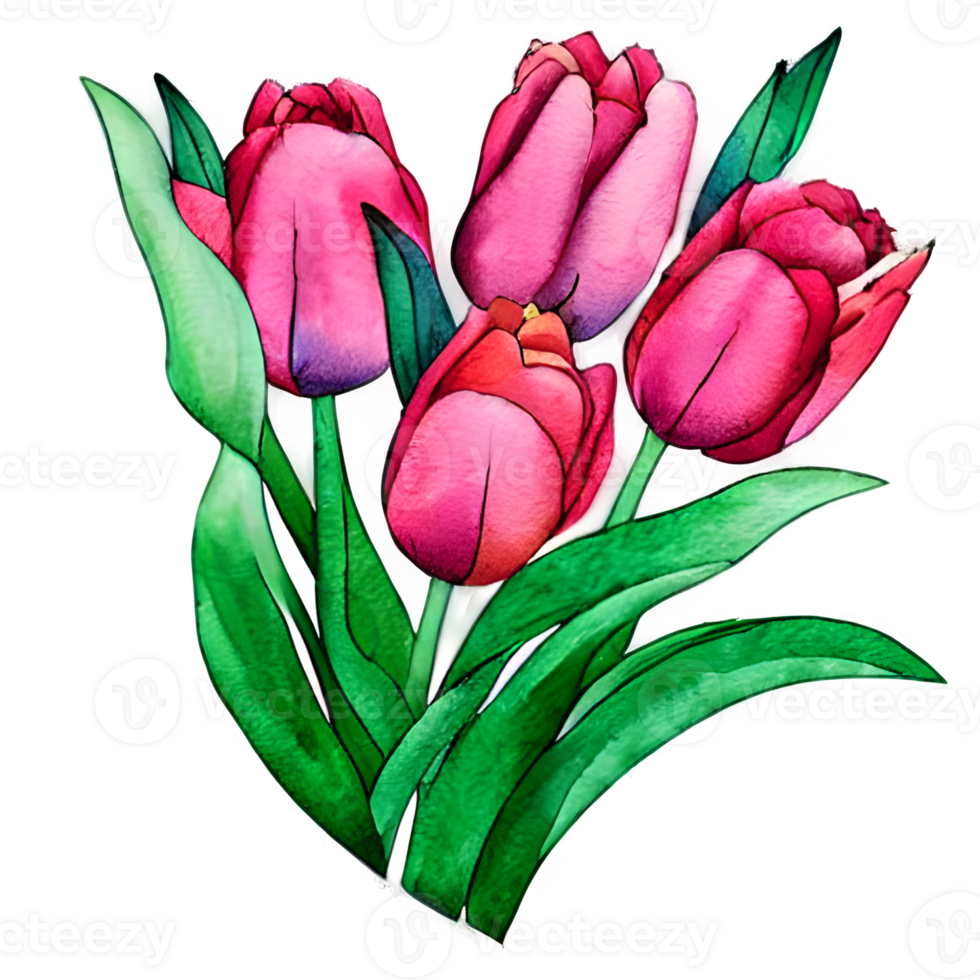 vattenfärg årgång tulpaner med blommig design genererad ai png