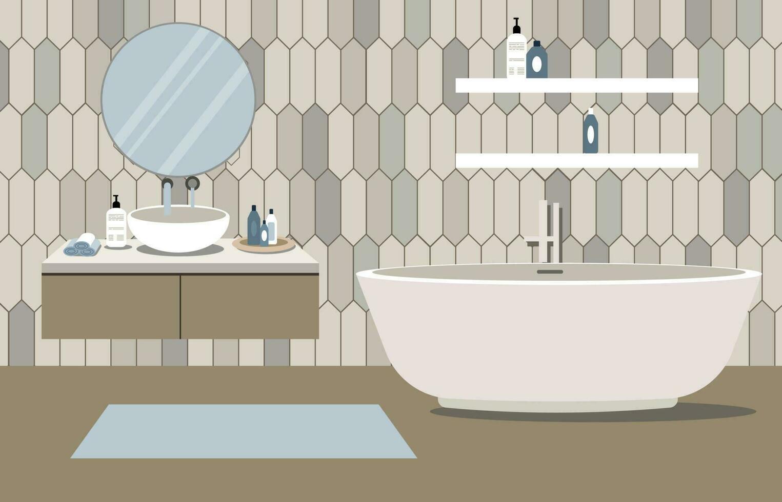 moderno baño con mueble. acogedor baño interior en pastel colores. vector ilustración en plano estilo