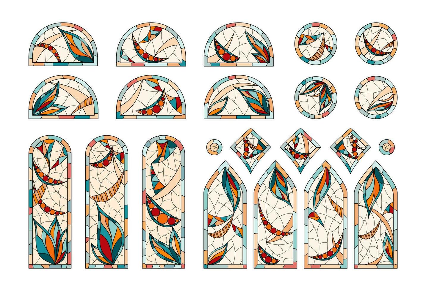 Stained glass in a Church. Set of different windows shapes drawing in one style. vector