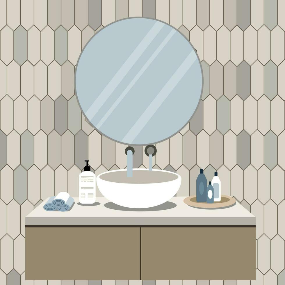 Bathroom sink with mirror, bottles, soap, towels. Fashion vector illustration in flat style.