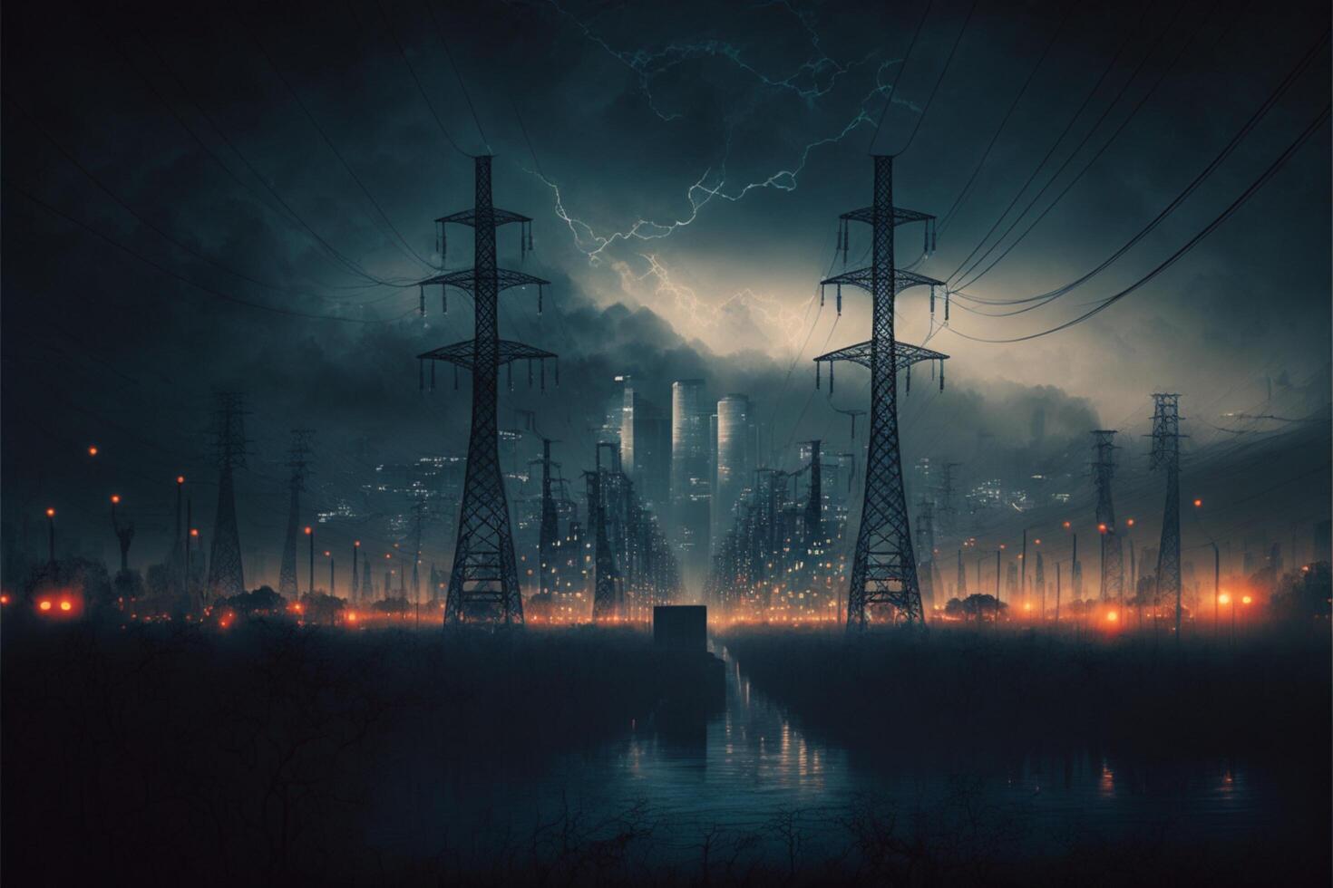 Apocalyptic Cityscape Skyline of a Metropolis with Lightning Strikes on Overhead Power Lines, Energy Blackout photo