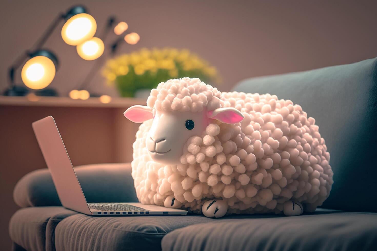Cozy Sheep Working from Home Cute and Comfy on the Couch with a Laptop photo