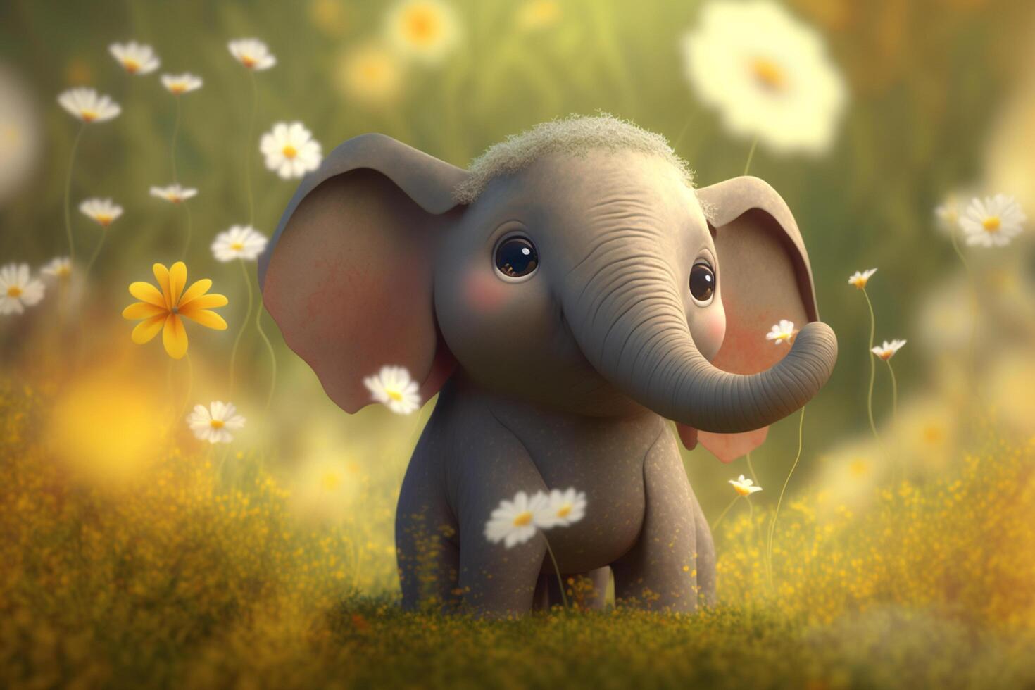 Sweet little elephant enjoying a spring flower field photo