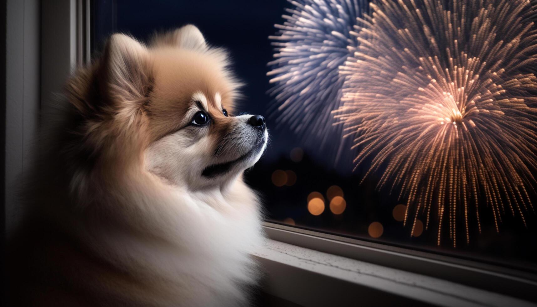 A Cute Pomeranian Dog Watching Fireworks From a Window on New Year's Eve photo