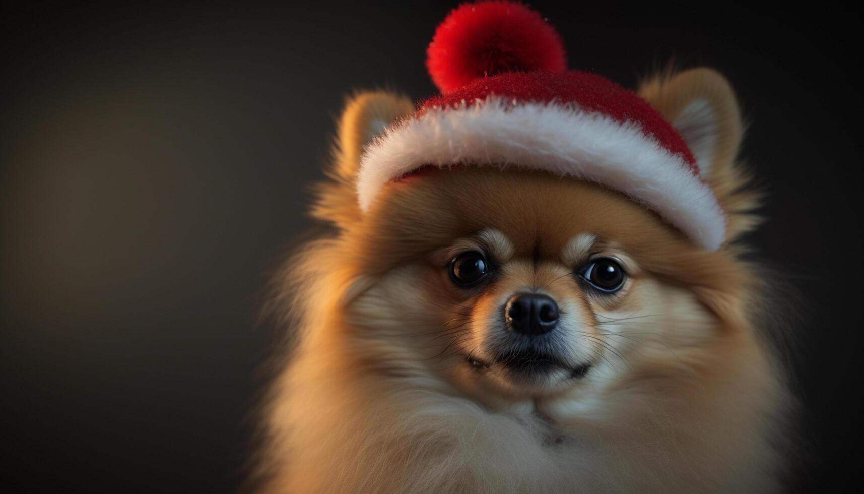 Festive Pomeranian pup donning a red and white Santa hat photo