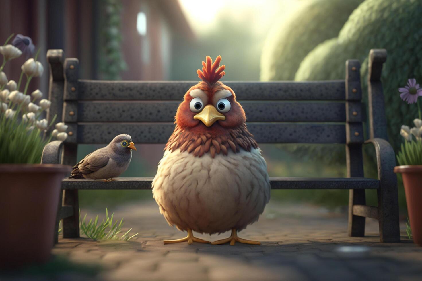 The Angry Chicken and the Peaceful Dove on the Garden Bench photo