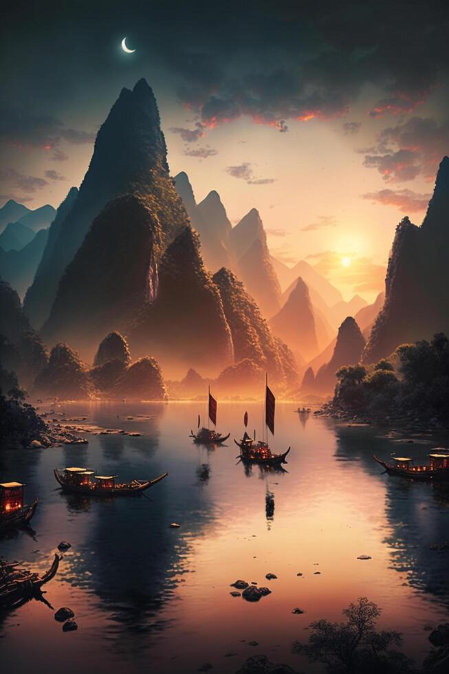 River Serenade Majestic Chinese Landscape with Sunset Glow, Boats, and Mountains photo