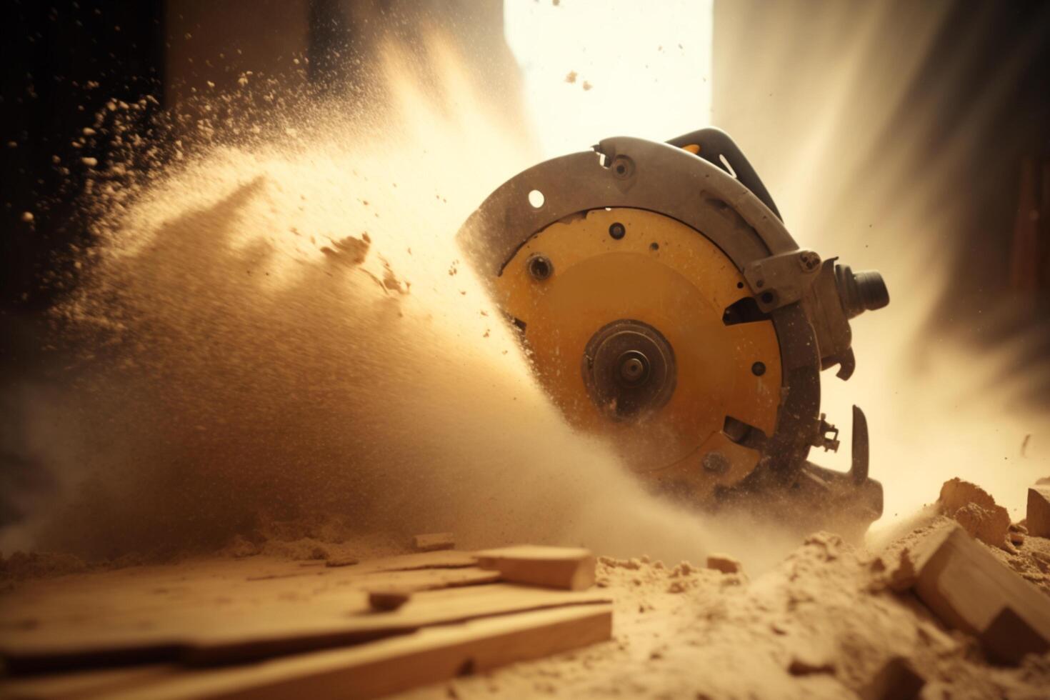 Witness the power and precision of a hand-held circular saw as it cuts through material, creating a shower of sawdust illuminated by the warm, golden light of a summer day photo