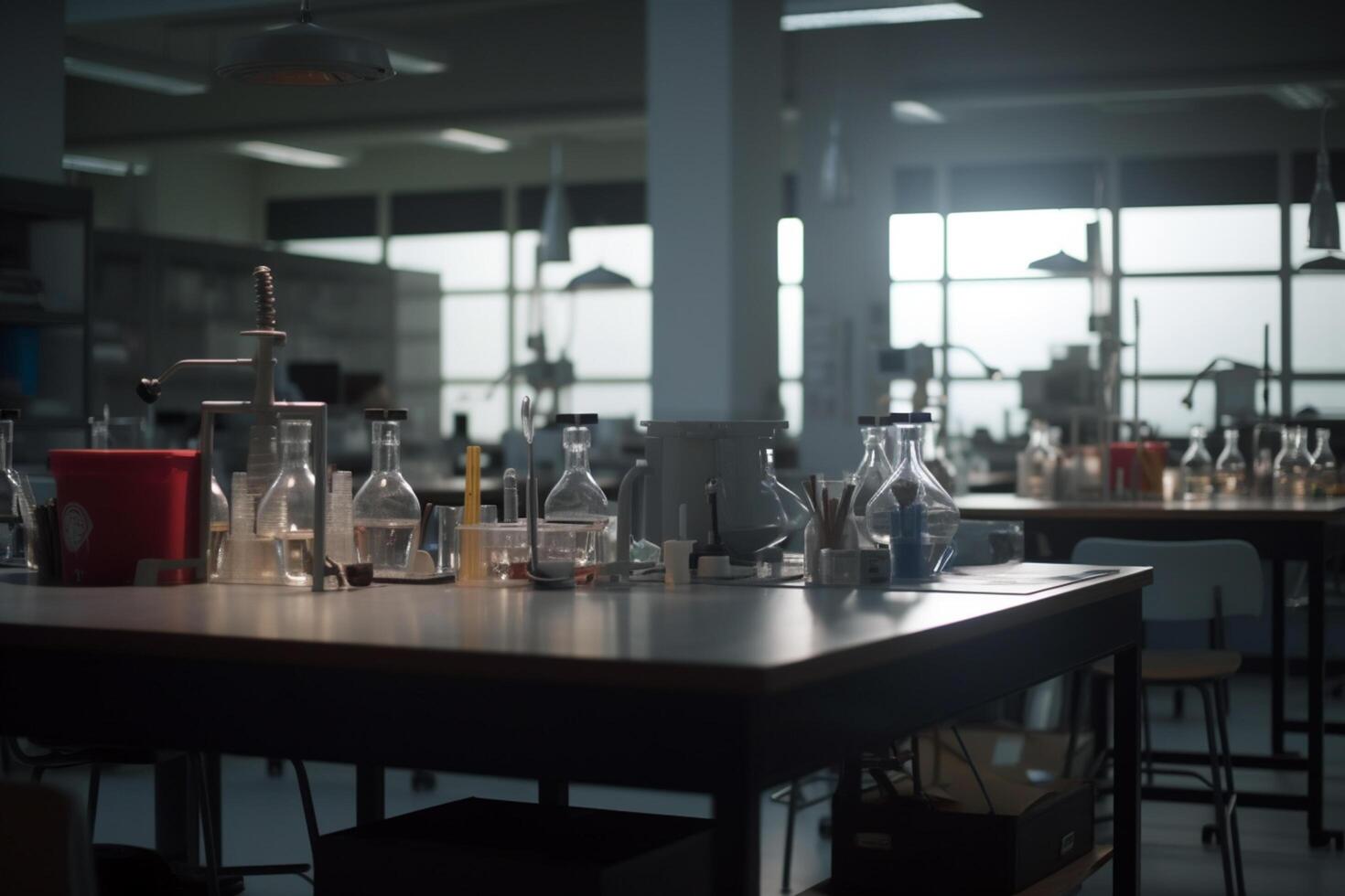 Illuminated High School Chemistry Laboratory with Students Conducting Experiments photo