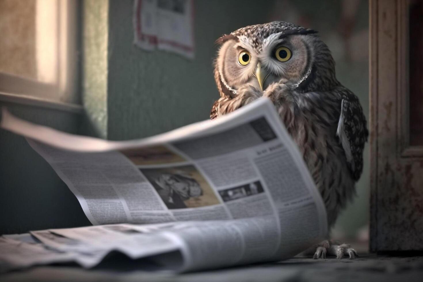 Wise owl catches up on current events by reading the newspaper photo