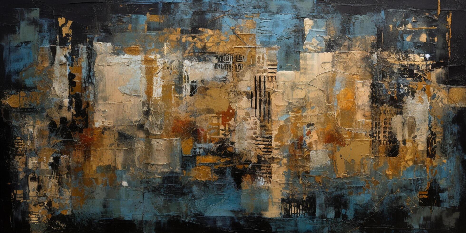 Urban Patchwork Symphony A Fusion of Grunge, Chicago Imagists, Eclectic Collage, and Blue-Sepia Masterpiece on a Grand Canvas photo