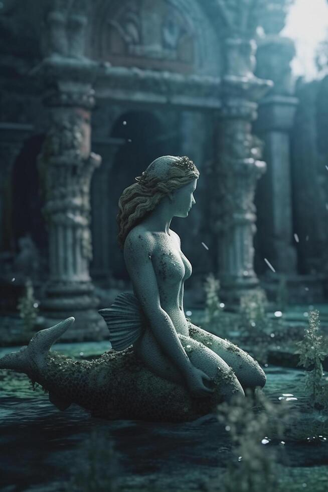 sirena escultura en antiguo restos paisaje en místico azul atmósfera ai generado foto