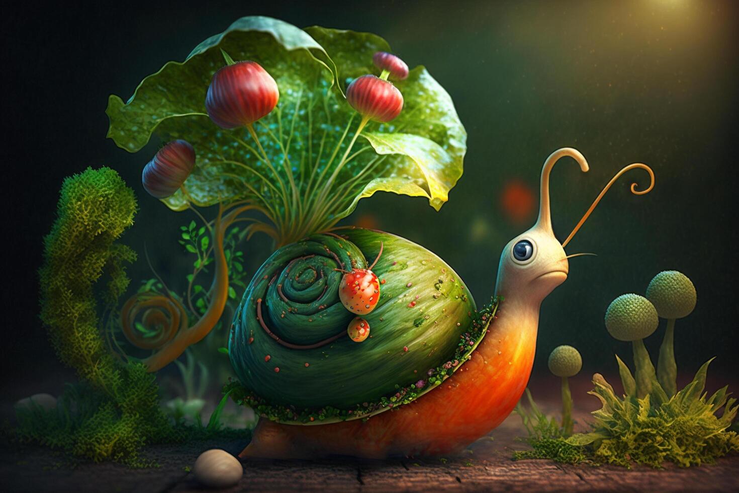 A funny snail in a magical fantastic fairy tale world photo