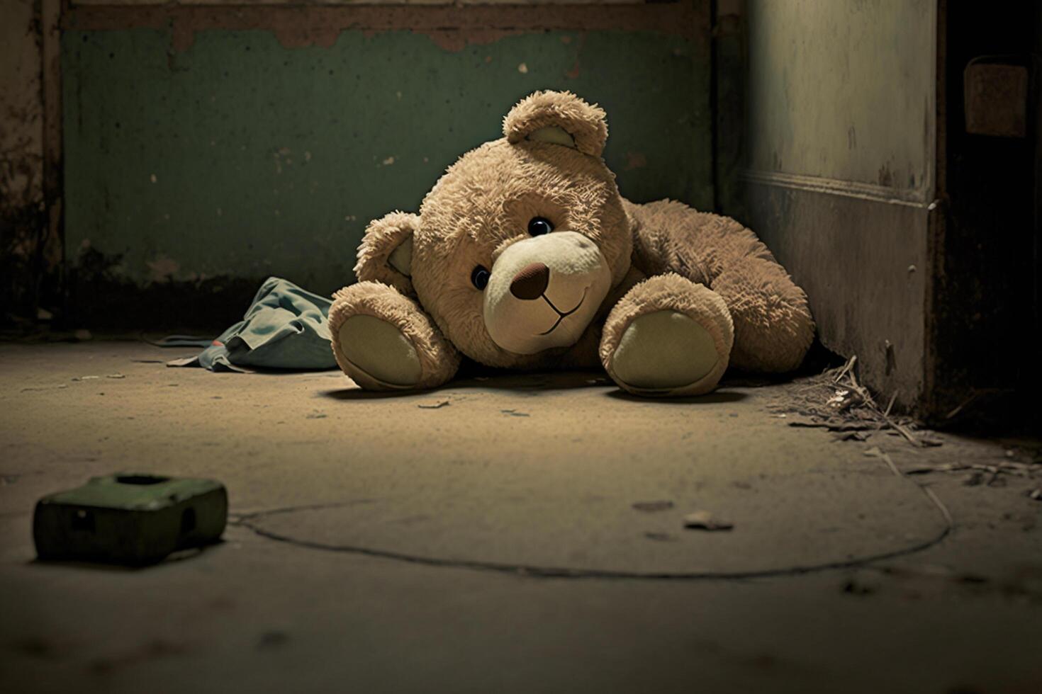 triste solitario osito de peluche oso acostado en el piso símbolo de abuso víctimas ai generado foto
