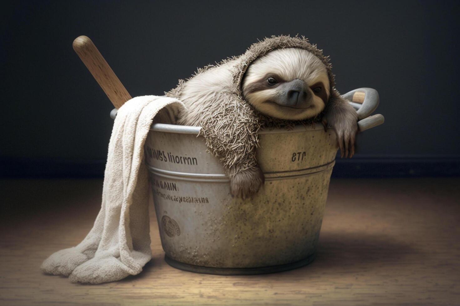 Exhausted sloth works as a cleaner and fell asleep in the cleaning bucket photo