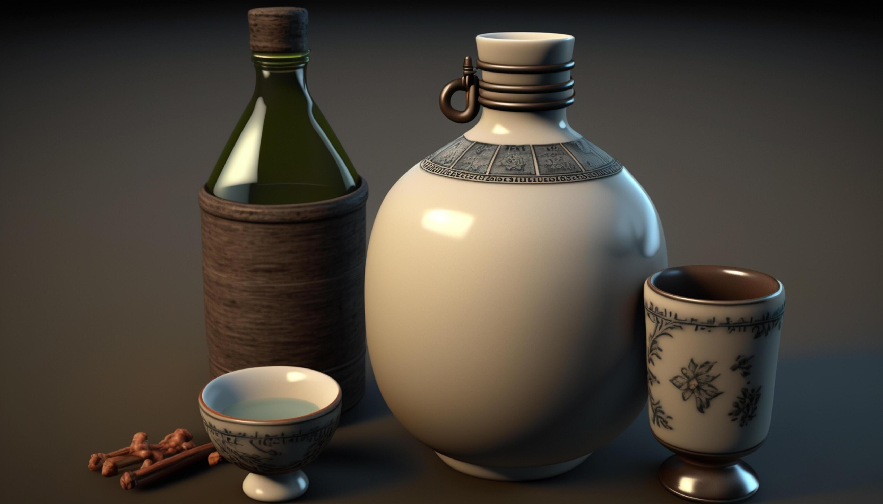 Chinese Liquor Set with Rice Wine Bottles and Traditional Shot Glasses