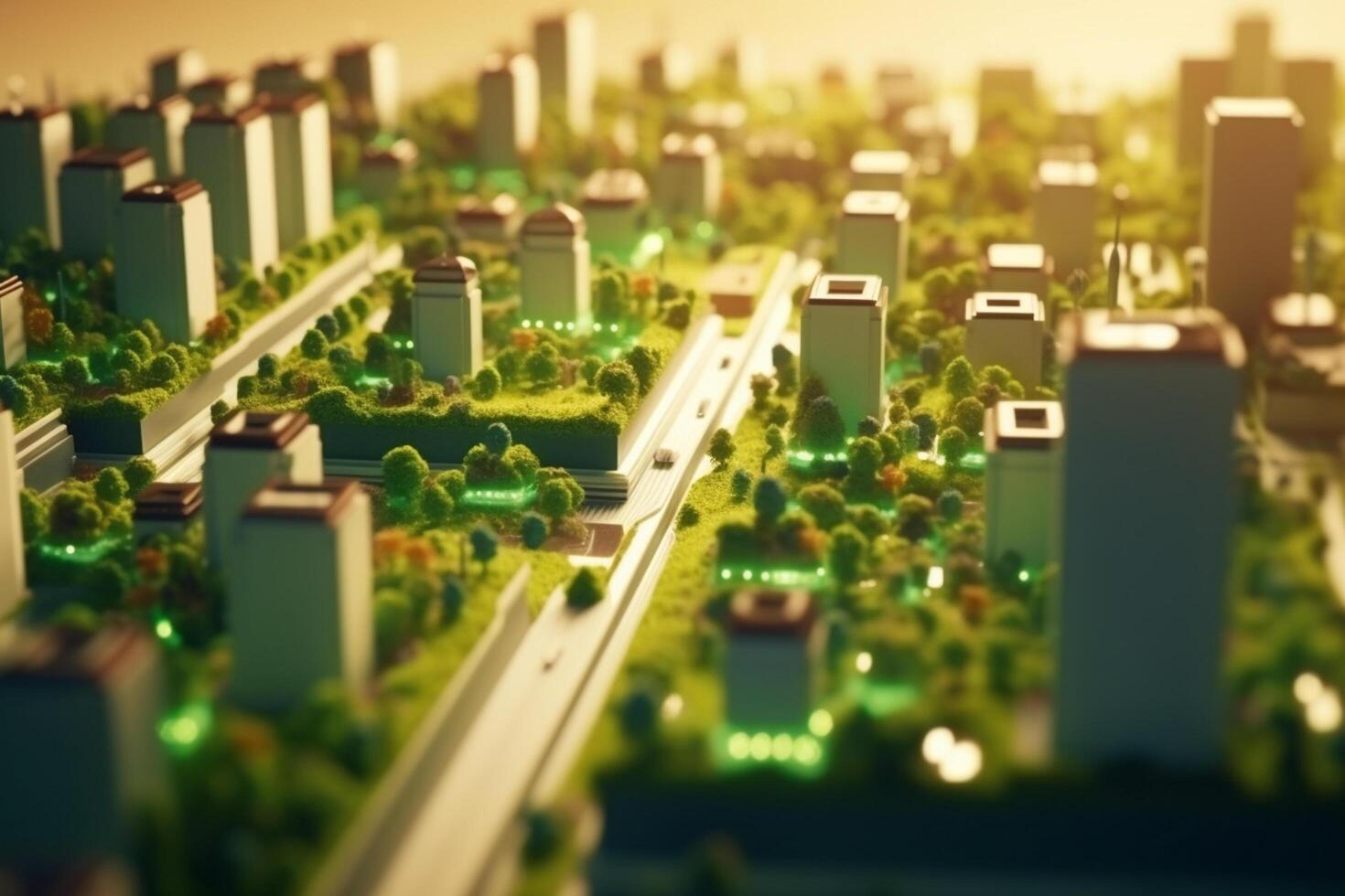 Green metropolis of the future High-tech city with lush vegetation and clear skies photo