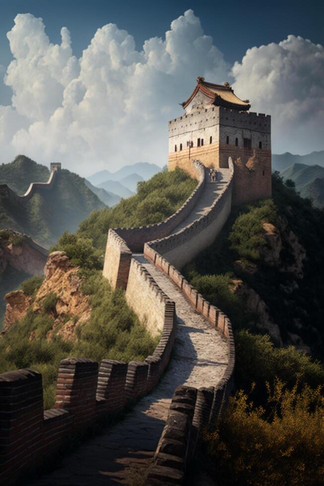 The Great Wall of China against a Blue Sky and White Clouds photo