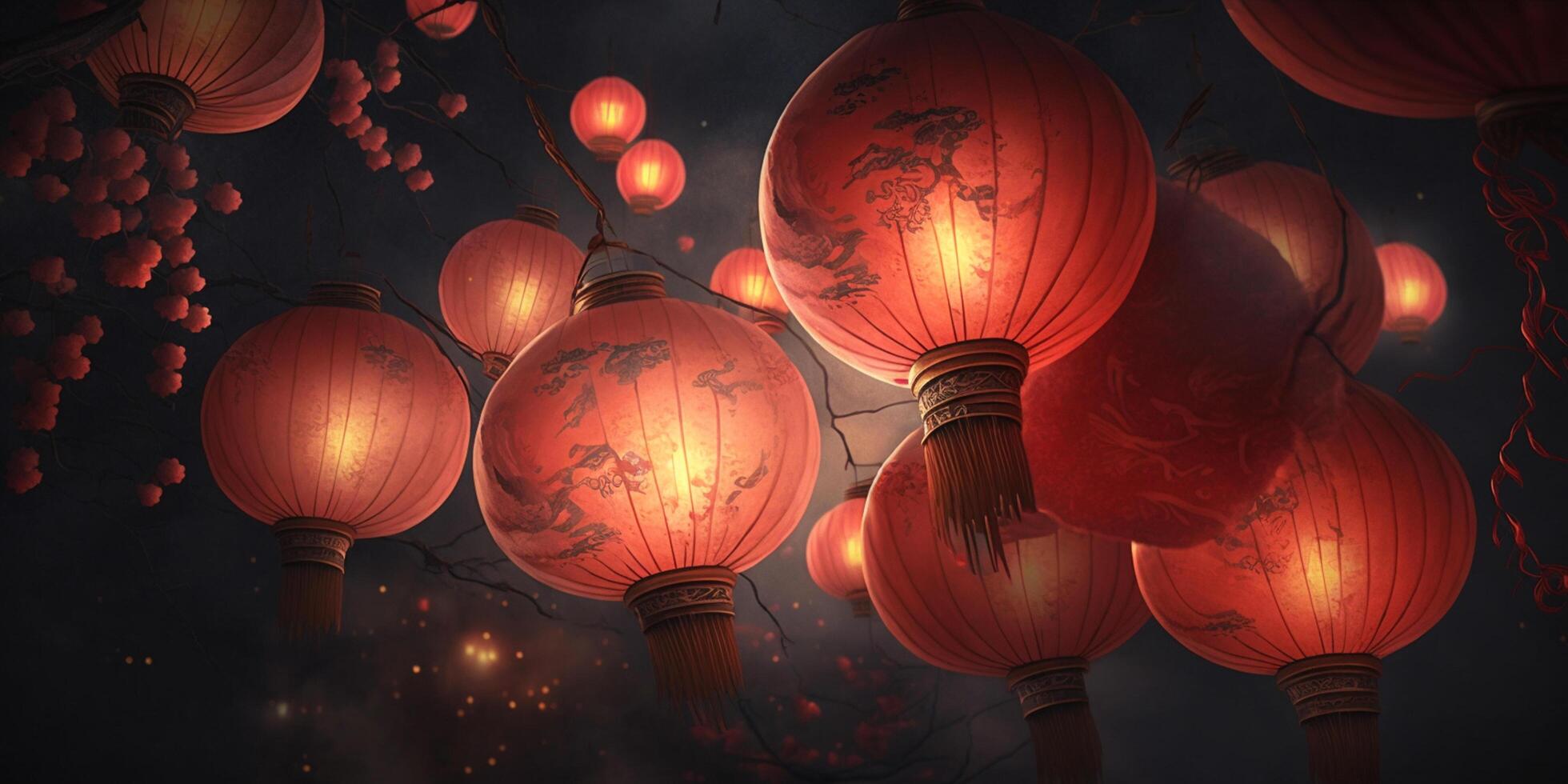 encantador chino nuevo año celebracion con rojo linternas esclarecedor el noche ai generado foto