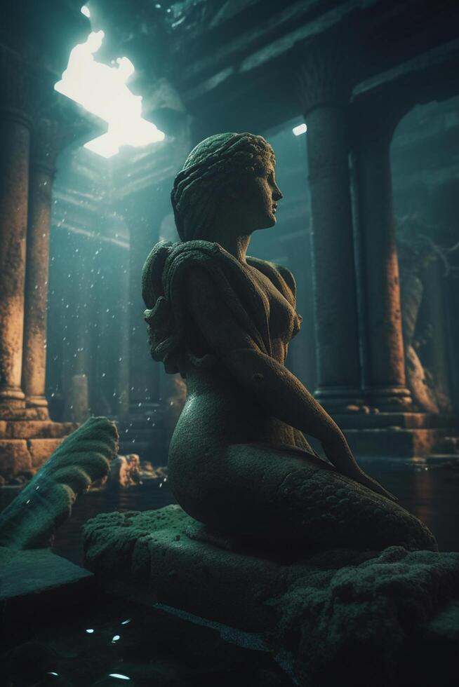 Mermaid Sculpture in Ancient Ruins Landscape in Mystical Blue Atmosphere photo