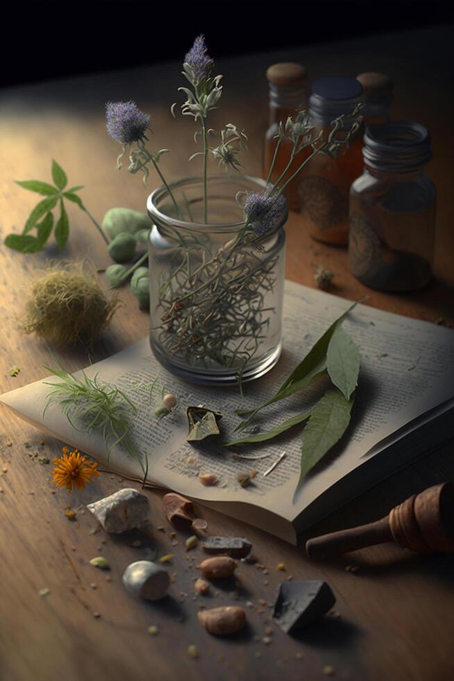 Herbal remedies and tools for preparing medicinal herbs on old wooden table, rustic atmosphere photo