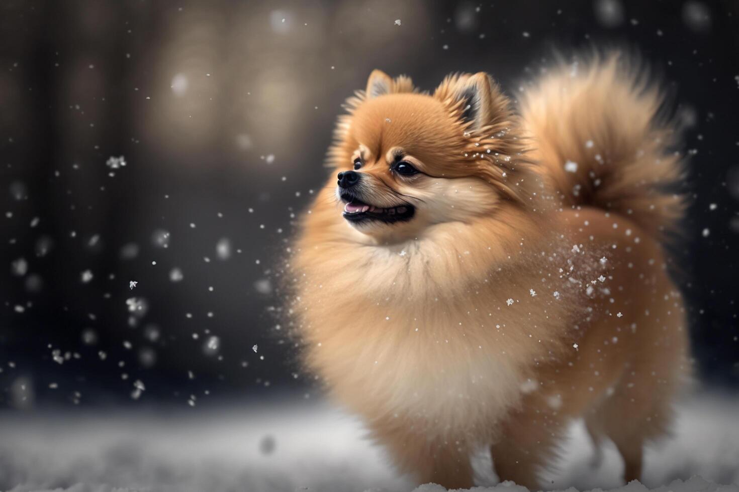 un linda pomeranio perro persiguiendo copos de nieve en el invierno ai generado foto