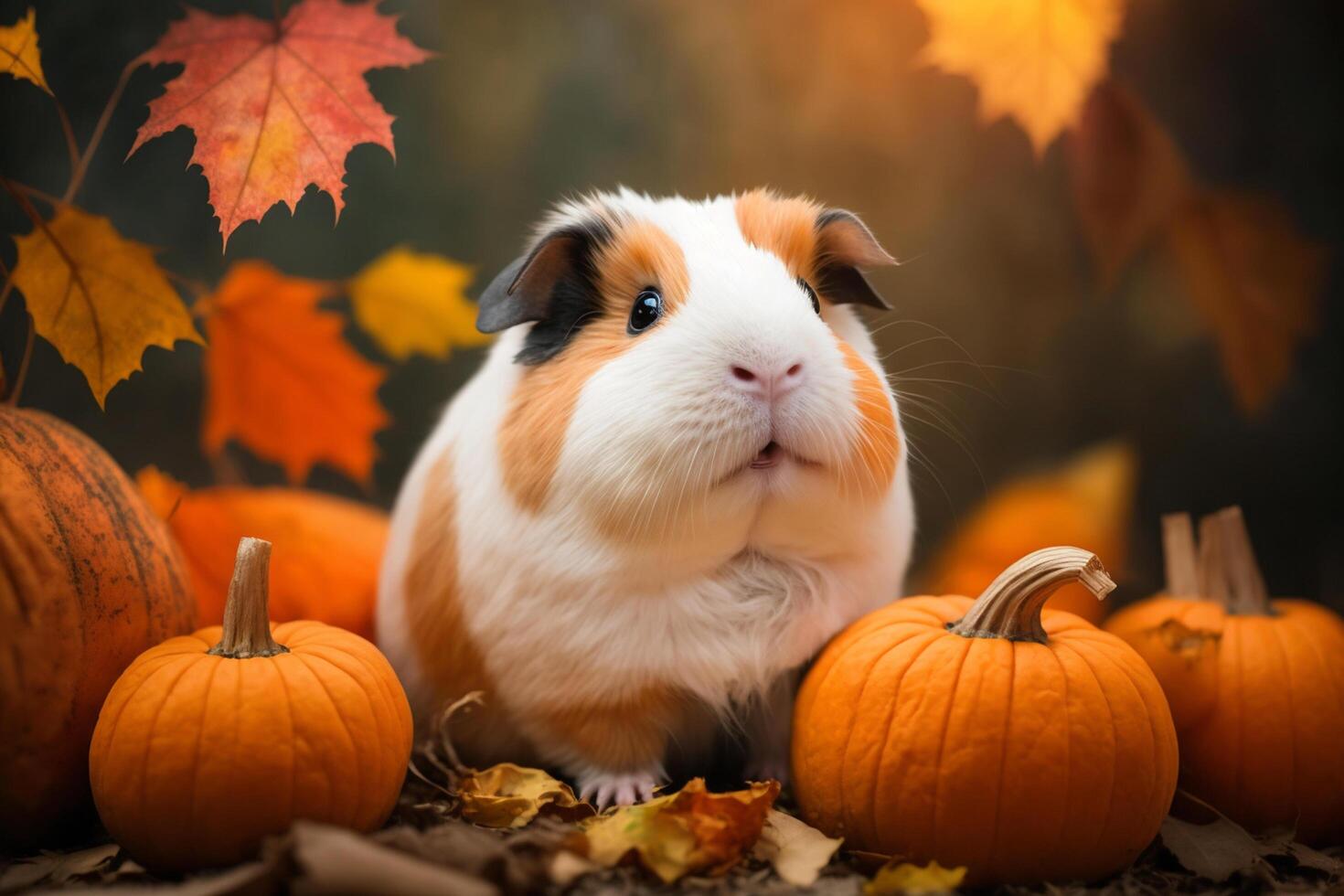 Funny guinea pig sits between pumpkins photo