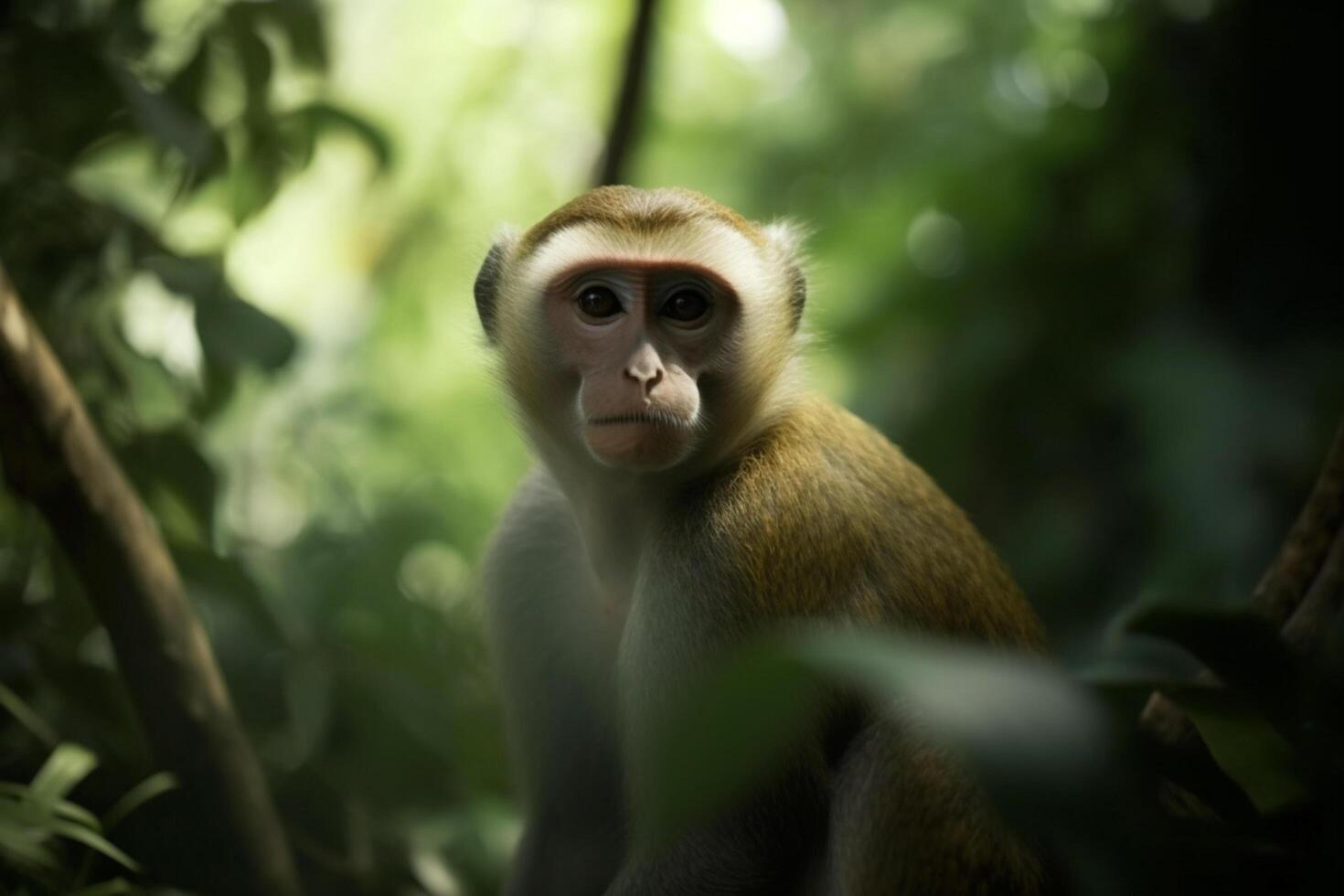 Tiny monkey exploring lush rainforest foliage photo