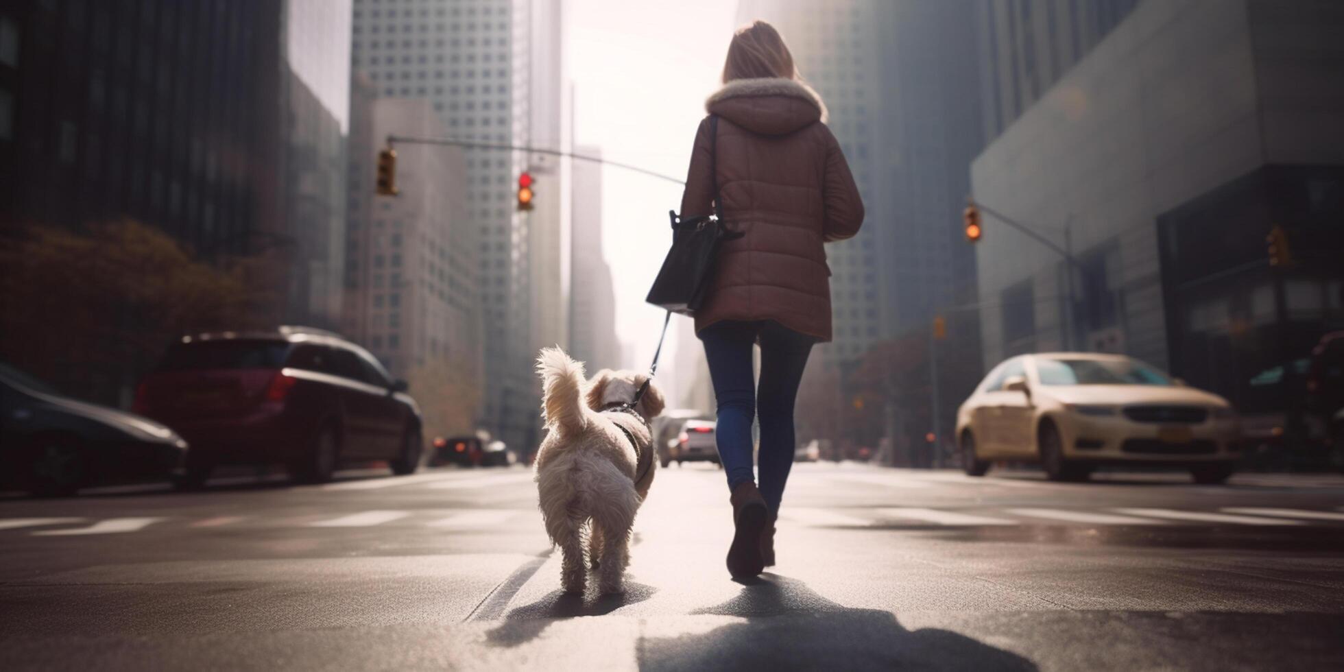 ciudad paseo con canino compañero un mujer y su perro en medio de rascacielos durante puesta de sol ai generado foto