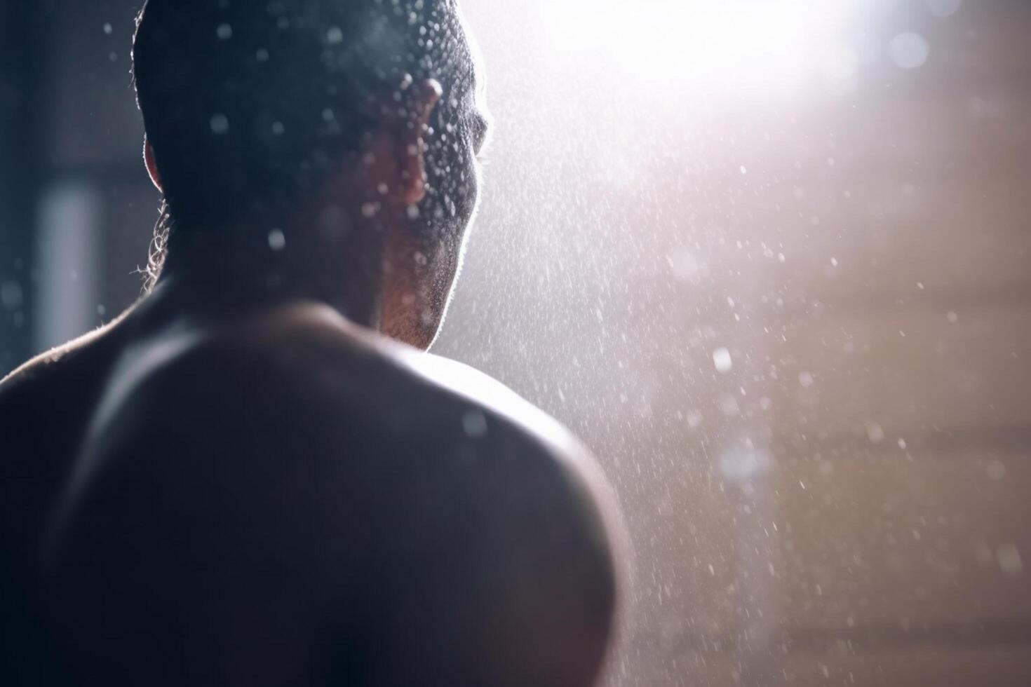 Sweating it out A view of a naked man's back in a steamy sauna photo