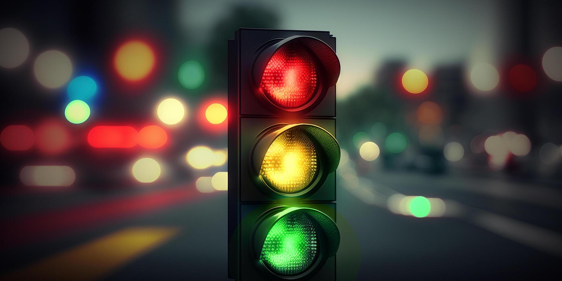 Dynamic Traffic Light with Blurred Urban Landscape Background photo