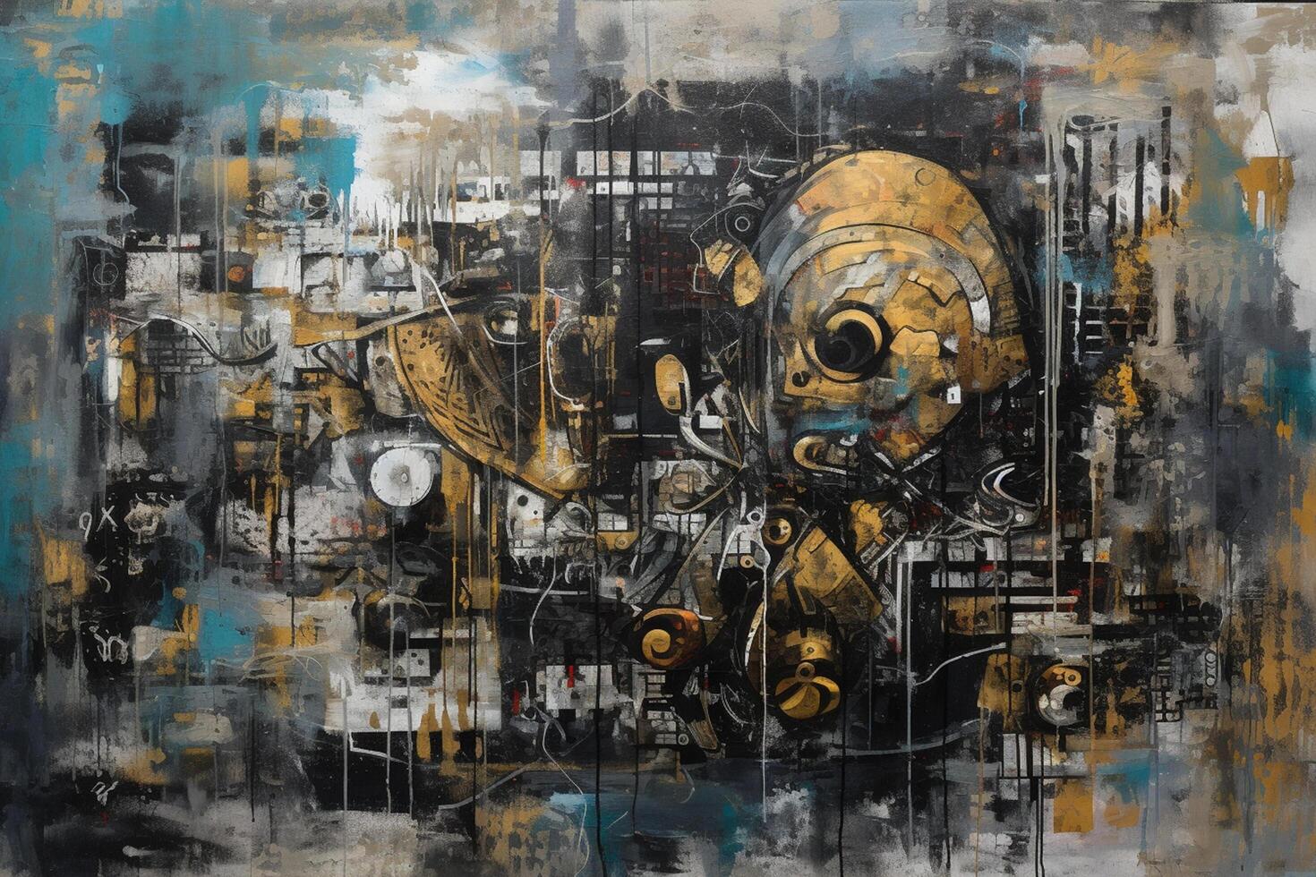 Industrial Elegance A Captivating Fusion of Collage and Paint in Large Canvas Paintings, Adorned with Turquoise and Sepia Tones photo