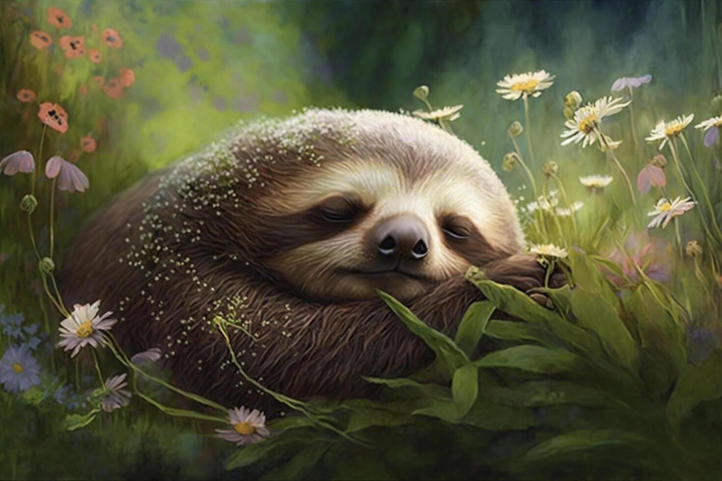 Exhausted and tired sloth lies among flowers in a meadow in spring and sleeps photo