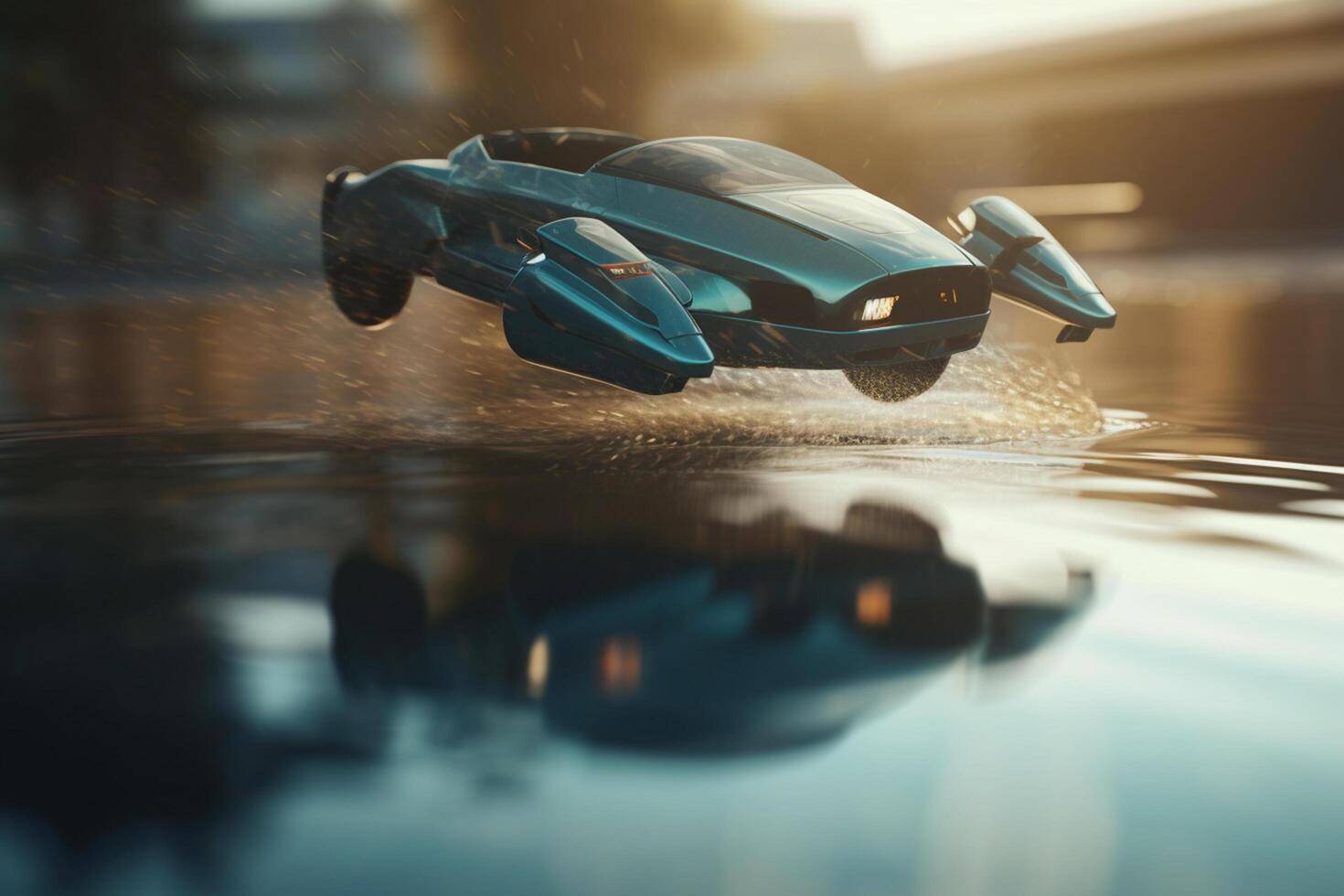 Flying car gliding over the ocean with AI technology photo