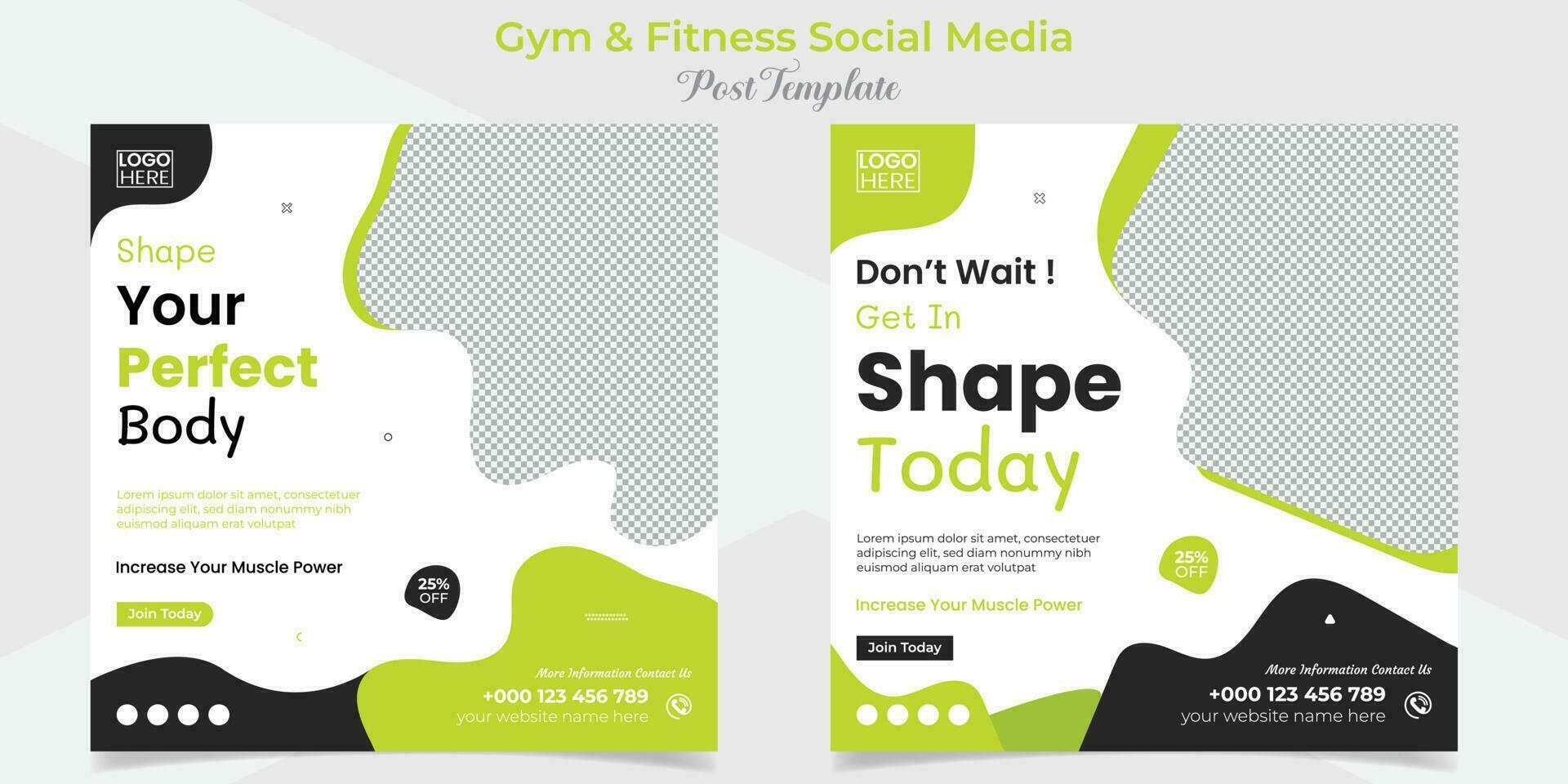 gym, fitness and sports social media post and square flyer post banner template design package vector