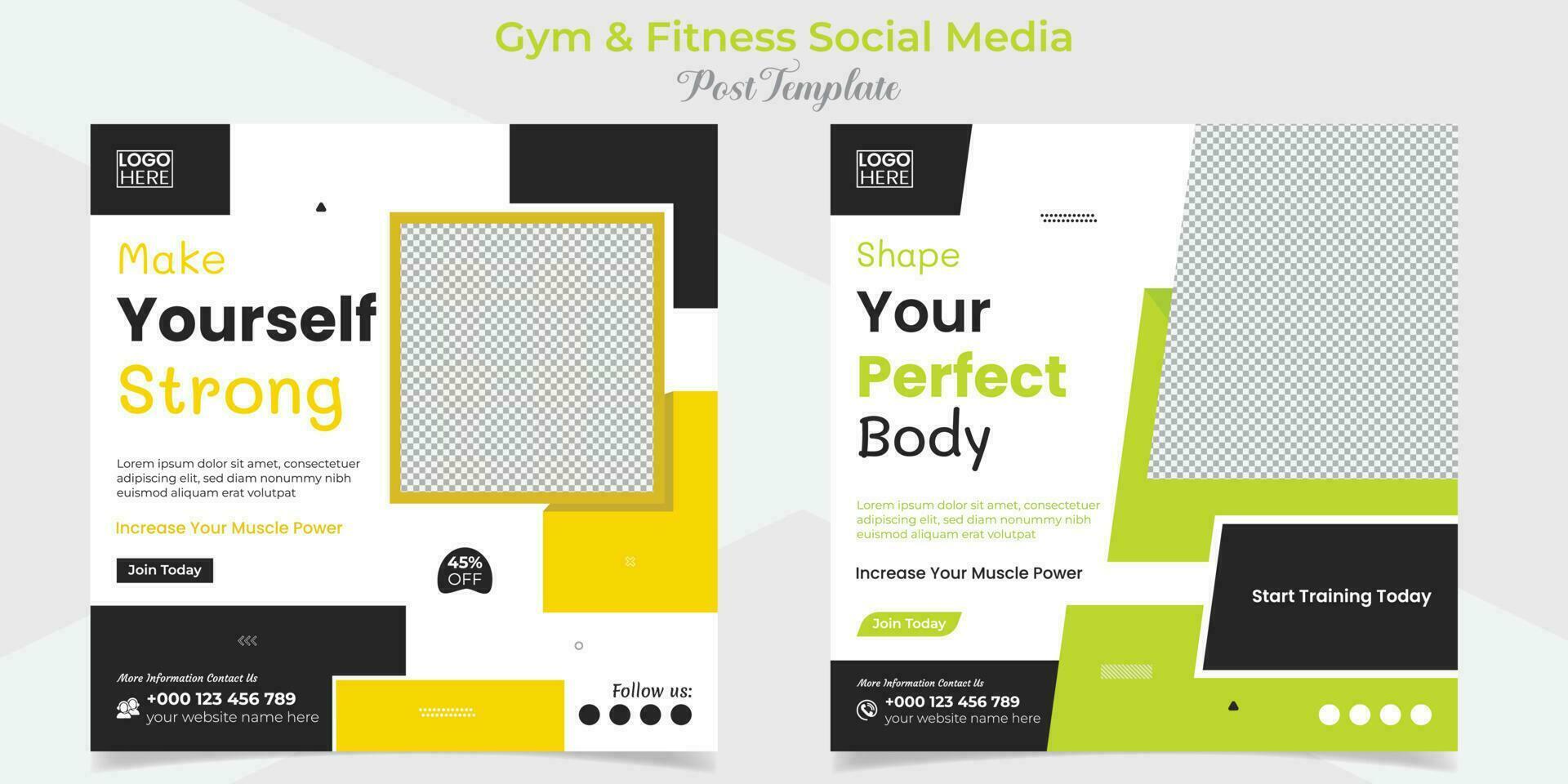 fitness gym social media post and square flyer post banner template design package vector